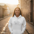 A white hoodie with 'San Luis Potosi' text and a graphic on the front, featuring a hood and pouch pocket.