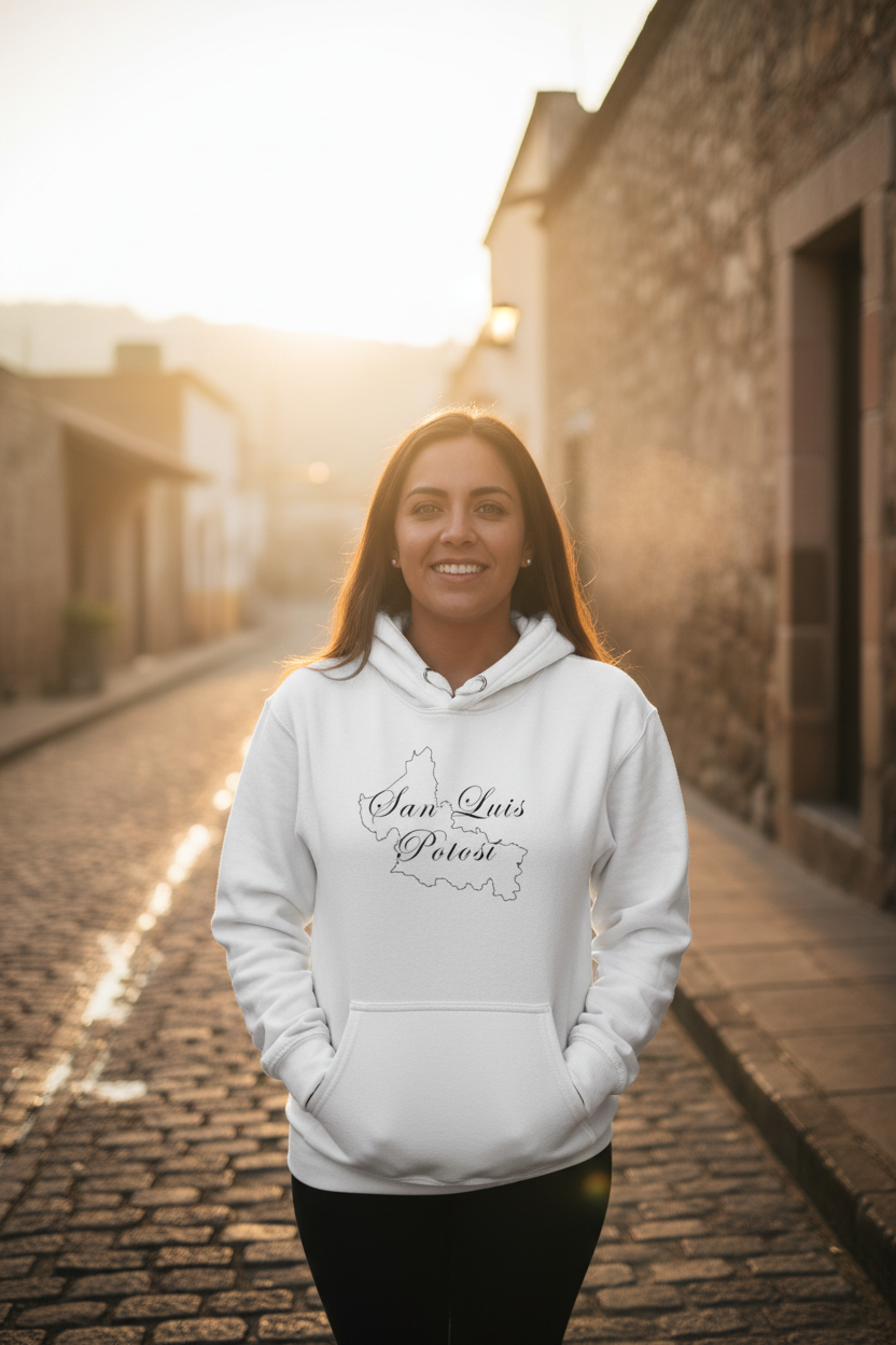 A white hoodie with 'San Luis Potosi' text and a graphic on the front, featuring a hood and pouch pocket.