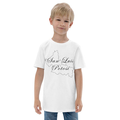 White youth knitted T-shirt with 'San Luis Potosi' map graphic on front