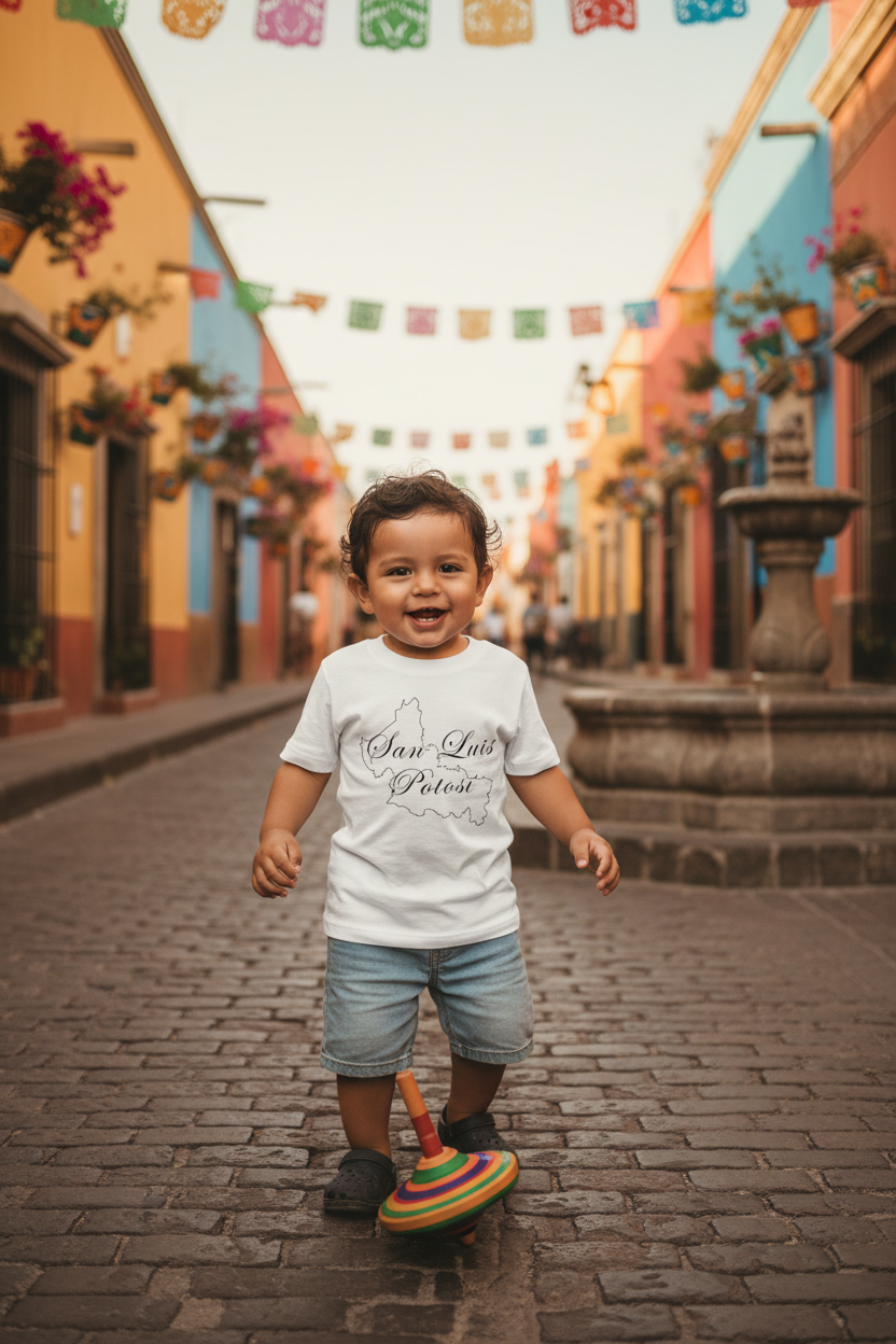 A young child wearing a white knitted t-shirt with the text 'San Luis Potosi' printed on it.