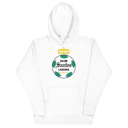 White hooded sweatshirt with 'Club Santos Laguna' logo on the front.