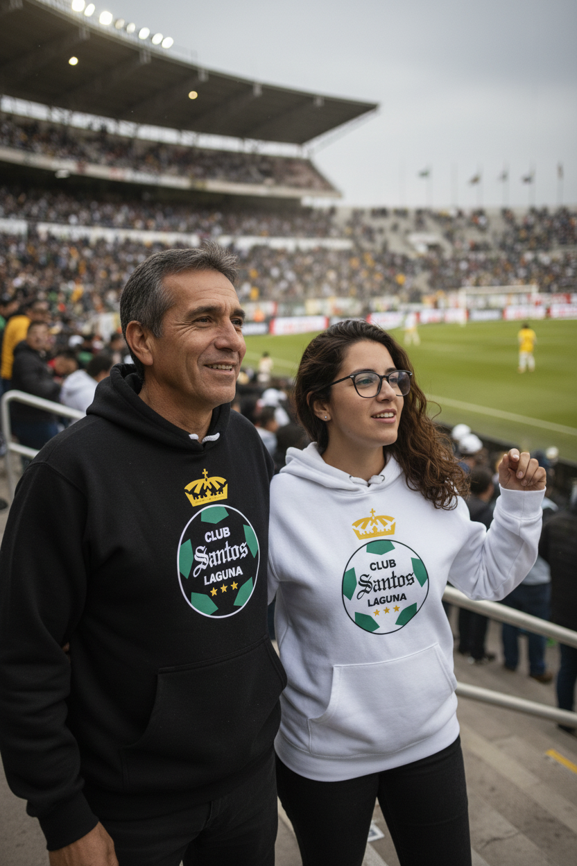 White and black hooded sweatshirt with 'Club Santos Laguna' logo on the front.