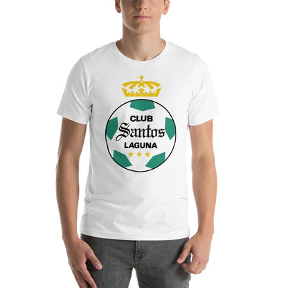 A man wearing a white short-sleeved t-shirt with 'Club Santos Laguna' printed on the front.