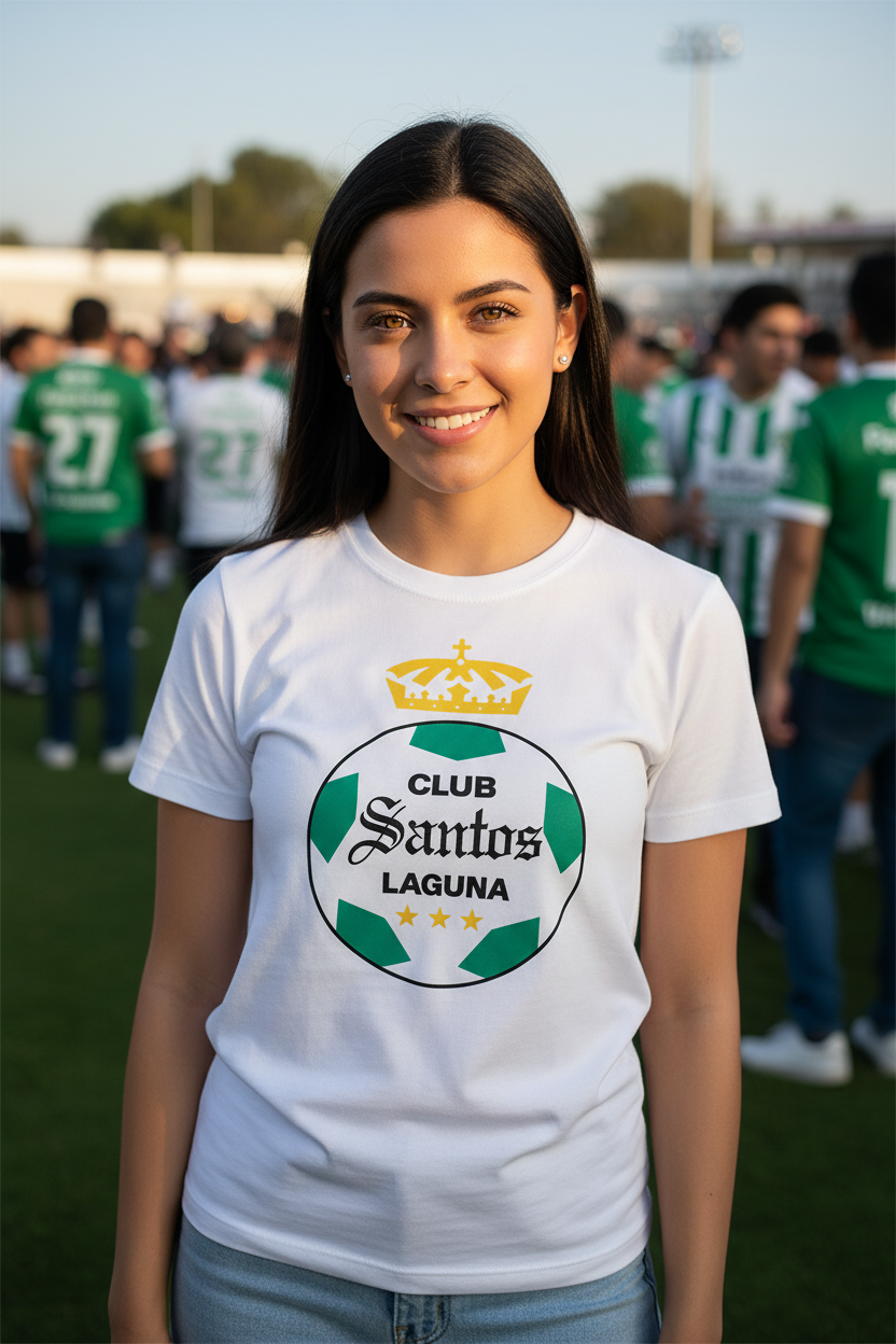 A smiling young woman stands on a sports field wearing a white Club Santos Laguna t-shirt with a green and gold soccer ball graphic and crown logo.