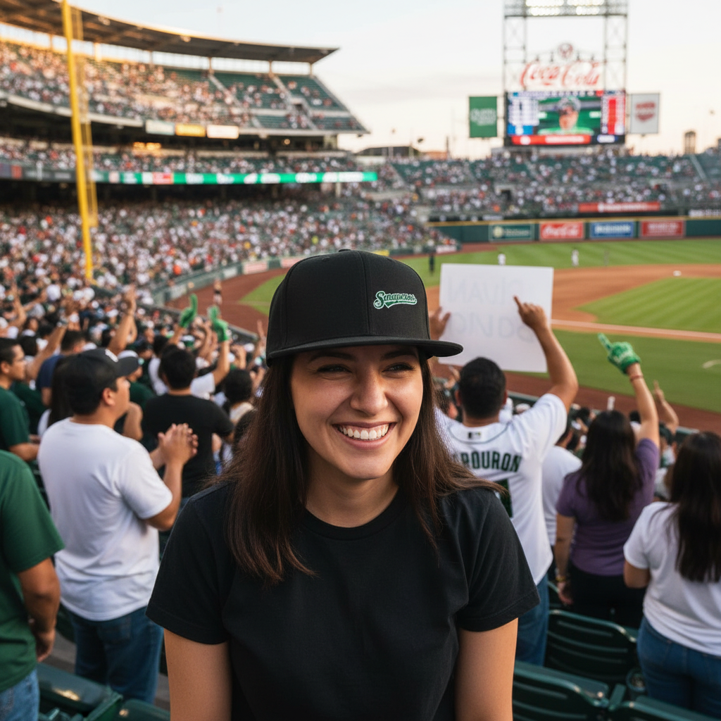 A smiling woman in a black t-shirt and black baseball Saraperos de Saltillo cap stands in a crowded stadium, with a baseball field and stands visible in the background.