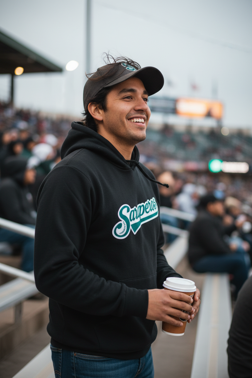 A man at a stadium wearing a black hoodie with a teal and white 'Saraperos' logo on the chest, a dark baseball cap, and holding a coffee cup.