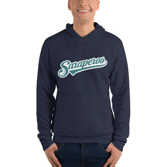 A person wearing a navy hoodie with the text 'Saraperos' on it.