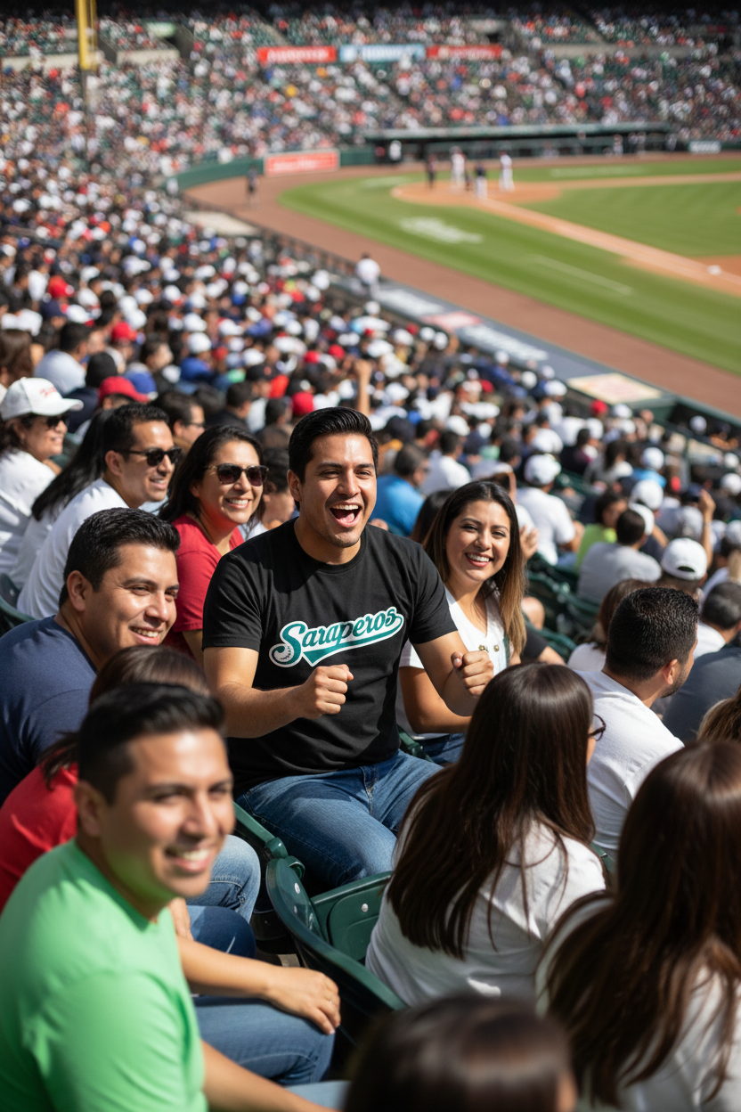 A man in a crowded stadium seat wearing a black t-shirt with 'Saraperos' written in teal script, smiling and gesturing excitedly. The background shows a packed baseball stadium with fans and the field.