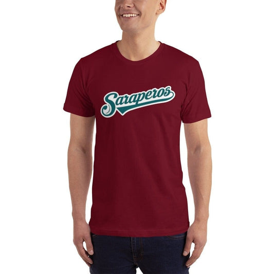 A person wearing a Maroon Red t-shirt with the text 'Saraperos' printed on the front.