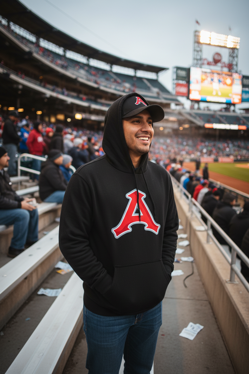 A man wearing a black Acereros de Monclova hoodie with a large red and white 'A' logo on the front stands in a stadium crowd, smiling. The background shows a baseball field and stadium seating.
