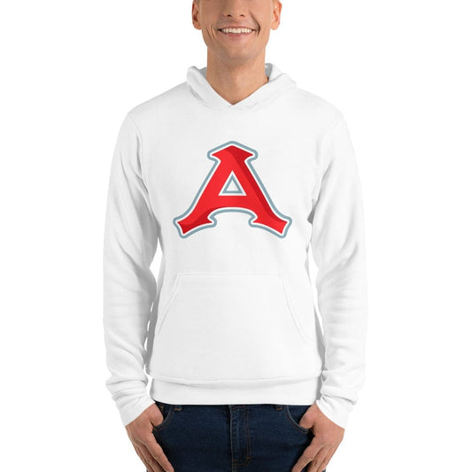 A person wearing a white Acereros de Monclova hoodie with a red 'A' logo on the front.