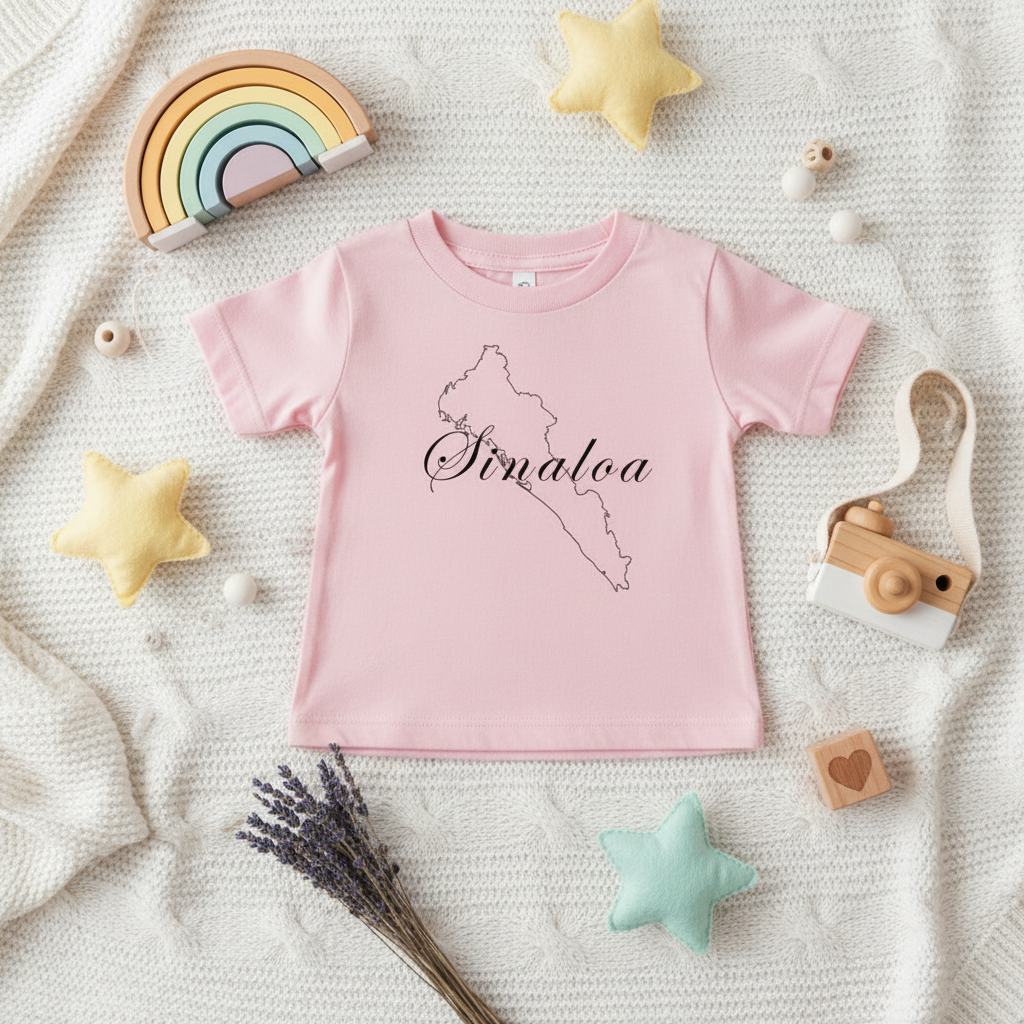 A light pink short-sleeve baby t-shirt with a black outline map of the state of Florida and the word 'Sinaloa' printed on the front. The shirt is styled in a flat-lay arrangement on a white textured blanket, surrounded by baby toys including a wooden rainbow, star shapes, a toy camera, and lavender.