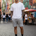 A man wearing a white crewneck t-shirt and light gray athletic shorts stands on a cobblestone street in front of a colorful graffiti wall.