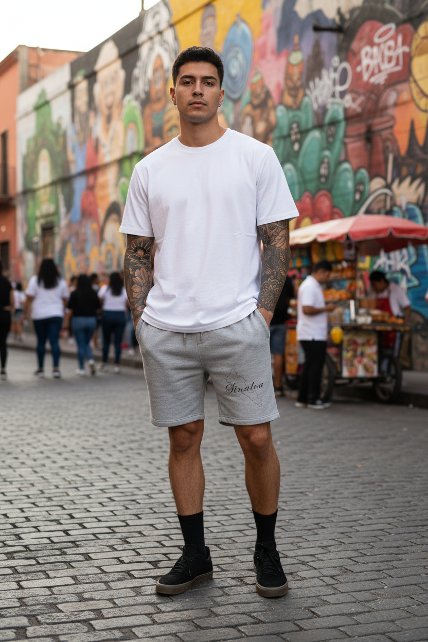 A man wearing a white crewneck t-shirt and light gray athletic shorts stands on a cobblestone street in front of a colorful graffiti wall.