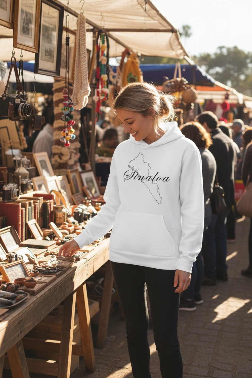 A woman wearing a white hoodie with 'Sinaloa' and a map outline printed on the front, standing at a rustic market stall in a sunny outdoor market.