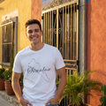 A person wearing a white short-sleeved T-shirt with the word 'Sinaloa' printed in black script on the front.