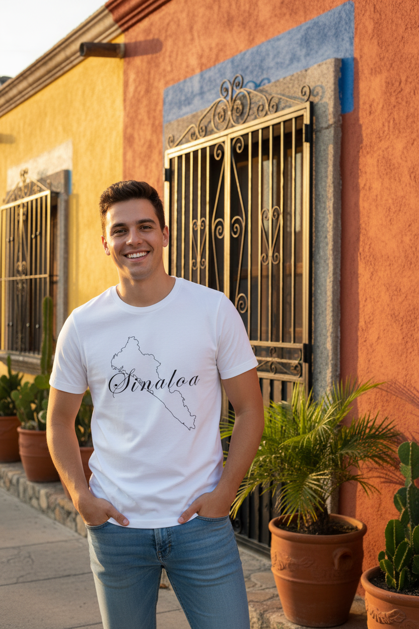 A person wearing a white short-sleeved T-shirt with the word 'Sinaloa' printed in black script on the front.