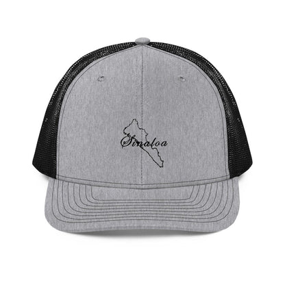 A light gray and black trucker cap with 'Sinaloa' text embroidered on the front.