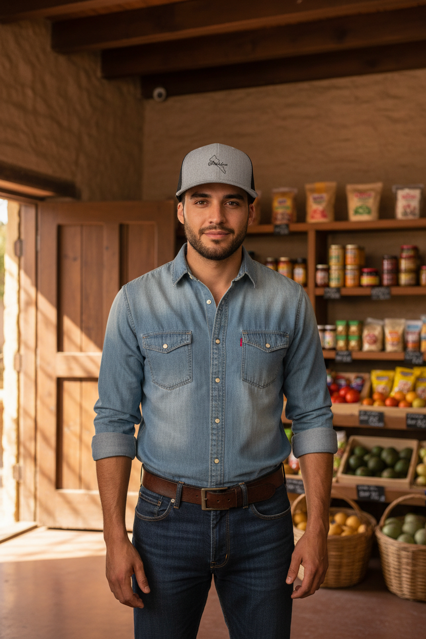 A light gray and black trucker cap with 'Sinaloa' text embroidered on the front.