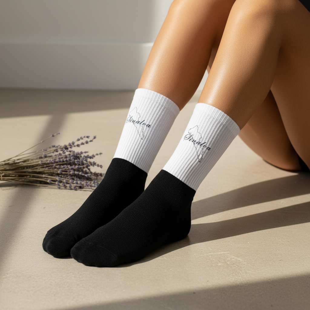Black and white crew socks with a white ribbed cuff and black foot section, featuring a small cursive script logo on the side. The socks are shown on a mannequin leg against a neutral beige background with lavender sprigs.