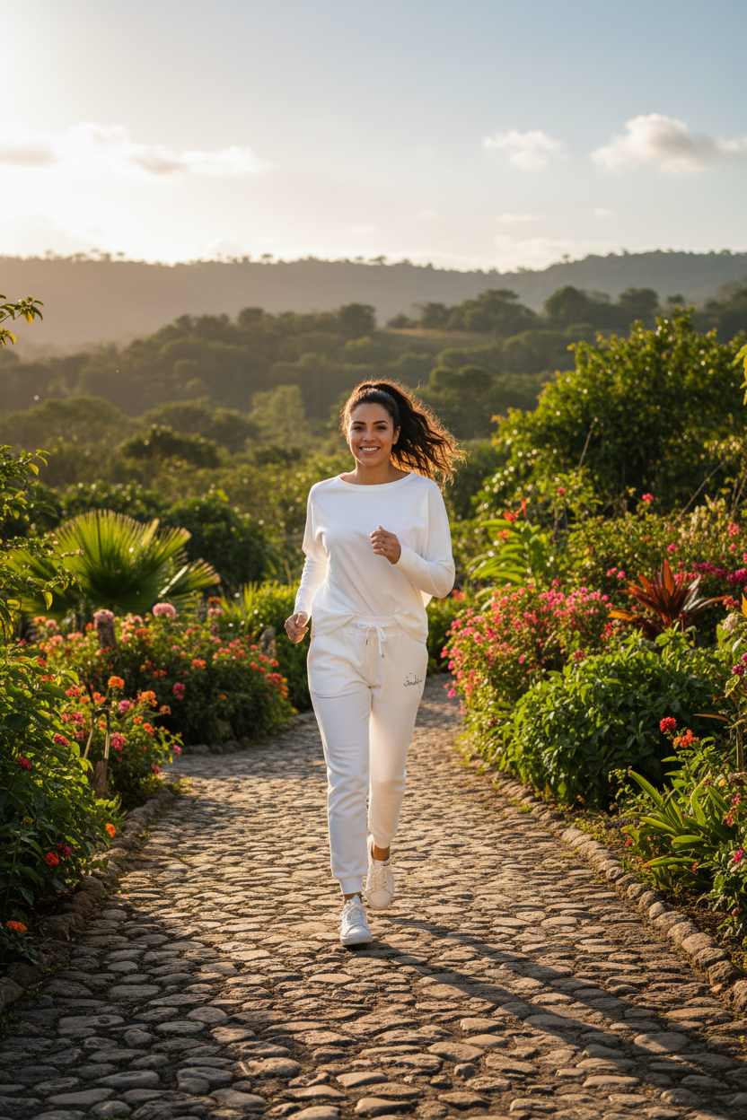 A woman jogging on a cobblestone path in a lush garden, wearing a matching white long-sleeve top and jogger pants set.