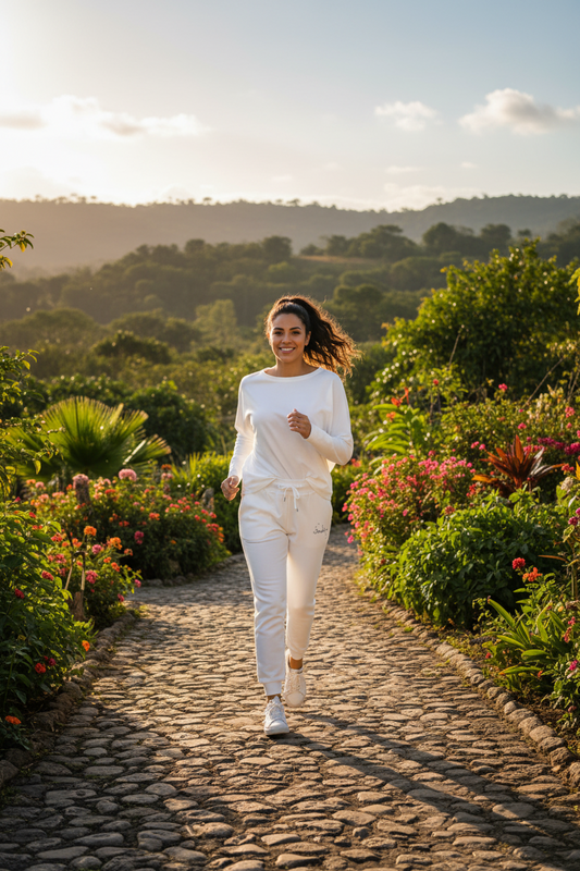 A woman jogging on a cobblestone path in a lush garden, wearing a matching white long-sleeve top and jogger pants set.