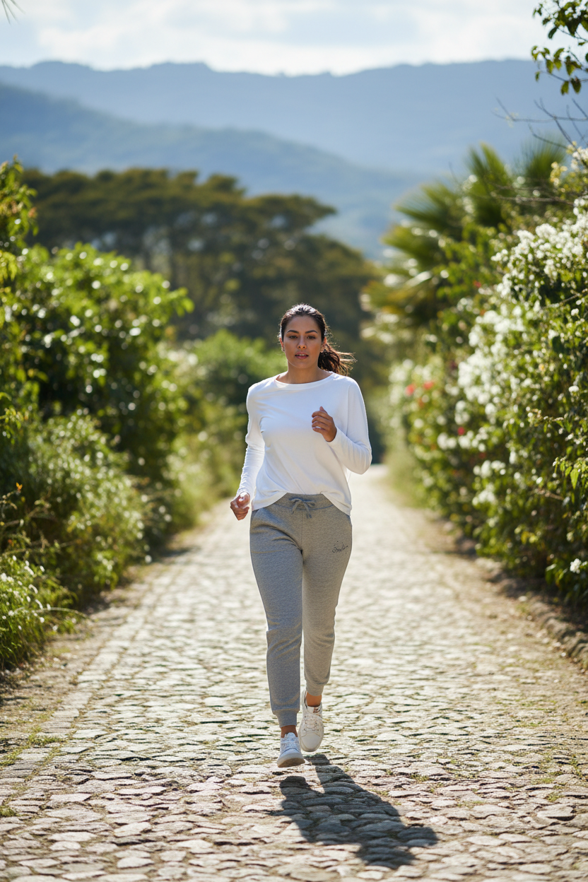 A woman jogging on a cobblestone path surrounded by lush green bushes and distant mountains, wearing a white long-sleeve top, light gray joggers, and white sneakers.