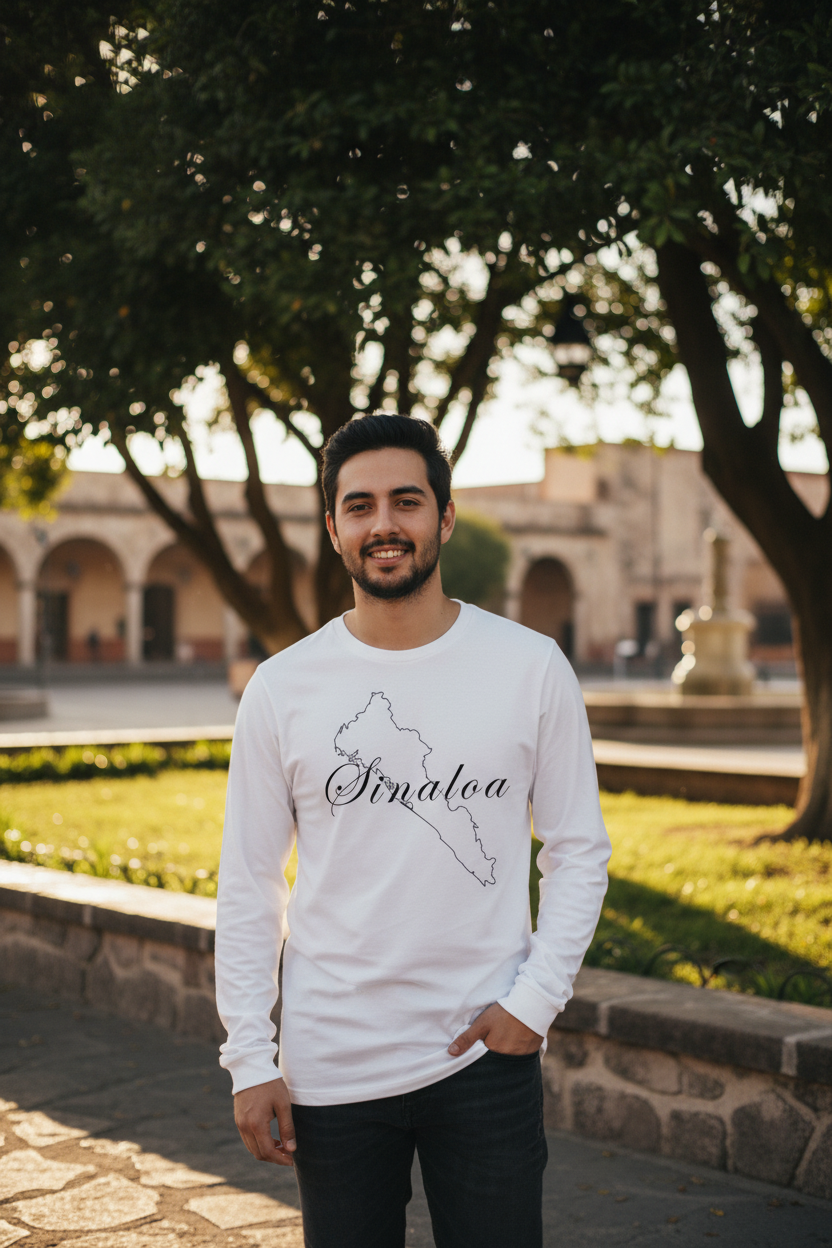 A man wearing a white long-sleeve t-shirt with a black outline of the state of Mexico and the word 'Sinaloa' written across it, standing outdoors in a park-like setting with trees and a stone building in the background.