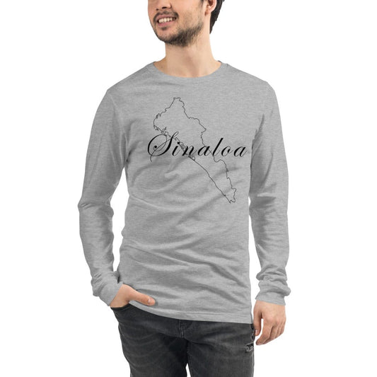 Unisex heather gray long sleeve T-shirt with Sinaloa map graphic, crew neck