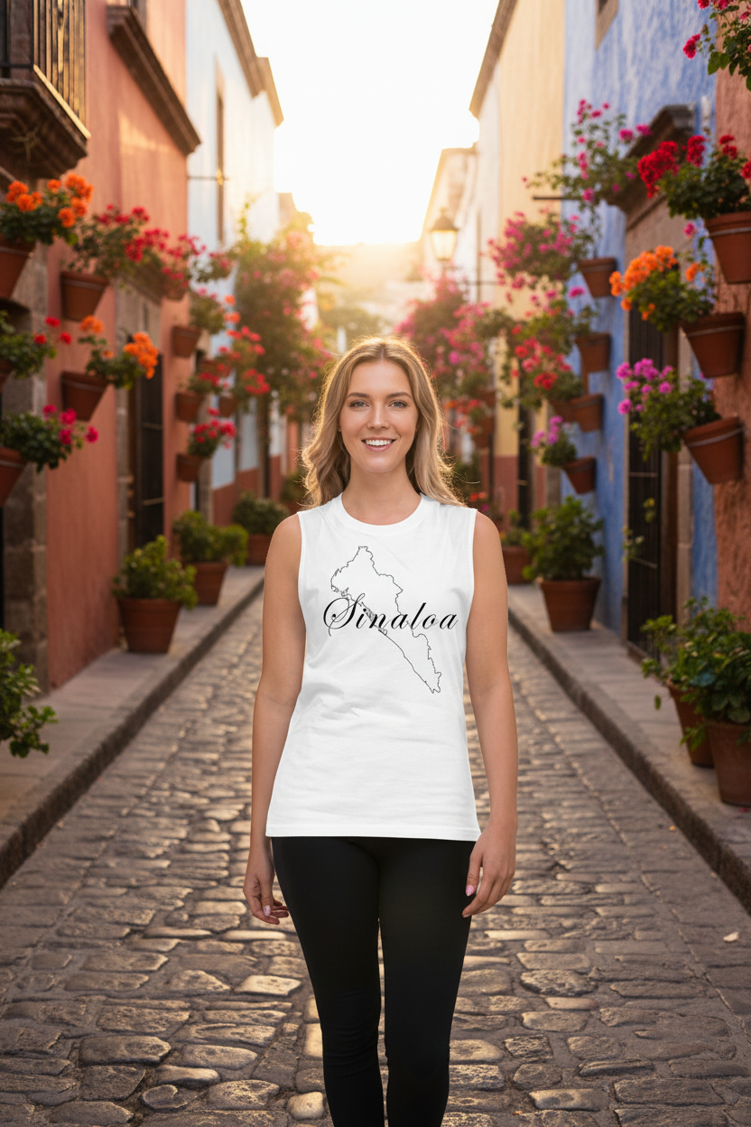 A woman stands on a cobblestone street wearing a white sleeveless tank top with a black outline map of Salina, Colorado, and the word 'Salina' printed across the chest. The background shows a sunlit narrow street lined with colorful flower boxes and buildings.
