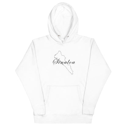 A white unisex hoodie with a hood and front pouch pocket, featuring a black 'Sinaloa' design on the front.