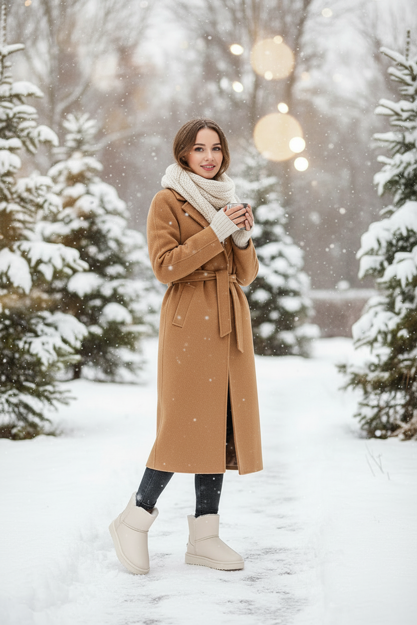 A woman stands in a snowy outdoor setting wearing a camel-brown belted coat, a cream scarf, dark leggings, and cream ankle boots. Snow-covered evergreen trees and soft hanging lights are visible in the background.