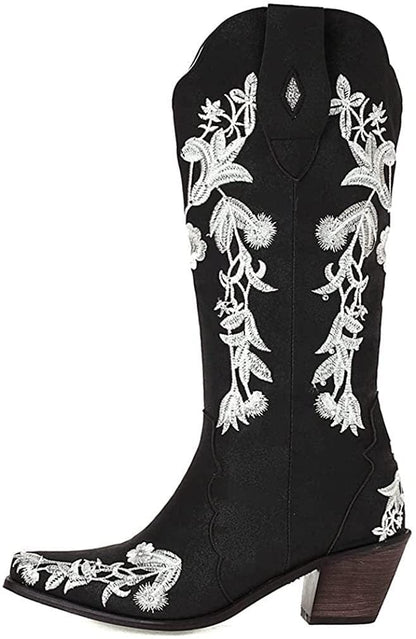 Mid-calf cowboy boots in dark color with white floral embroidery and chunky block heel