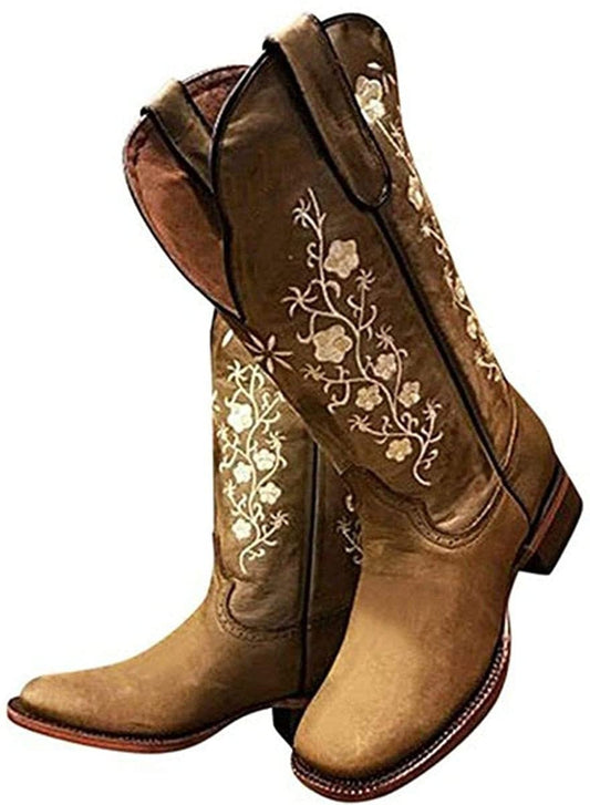Mid-calf cowboy boots in brown/tan with side floral embroidery and medium chunky heel
