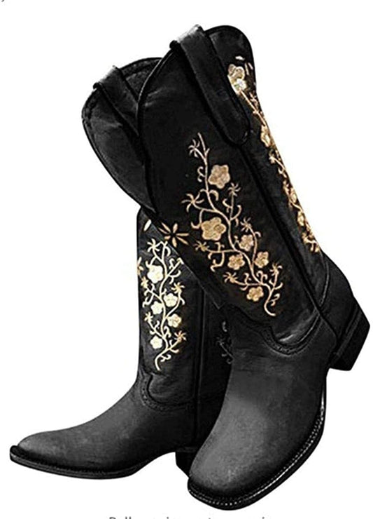 SO SIMPOK Botas vaqueras estilo retro estilo western para mujer, con mariposas bordadas, tacón grueso a media pantorrilla