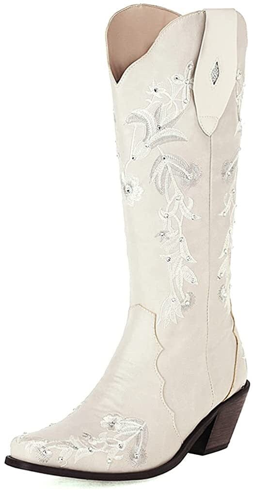 SO SIMPOK Women's Retro Western Cowboy Boots Butterflies Embroidered Mid Calf Chunky Heel Boots