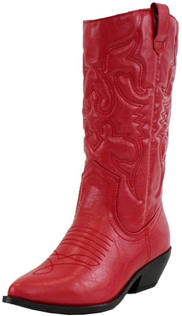 Soda women cowgirl cowboy western stitched boots pointy toe knee high reno s (red new, 7.5)