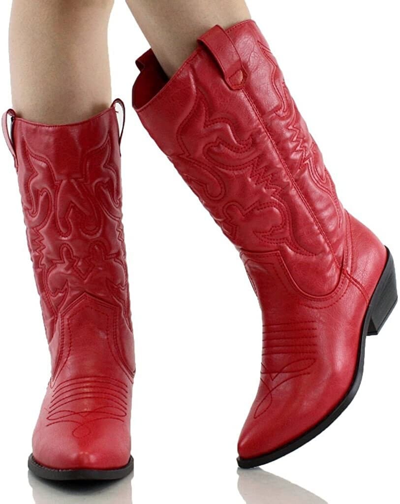 Soda women cowgirl cowboy western stitched boots pointy toe knee high reno s (red new, 7.5)