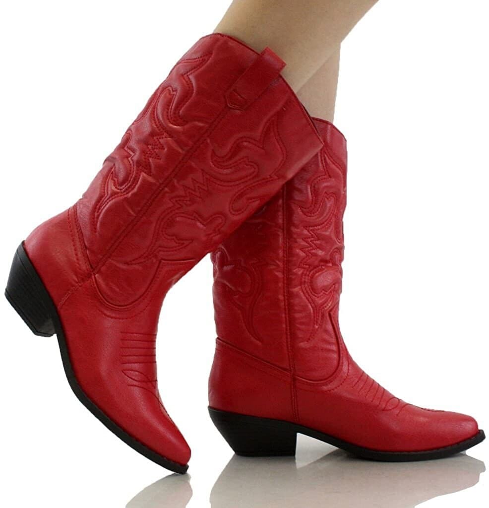 Soda women cowgirl cowboy western stitched boots pointy toe knee high reno s (red new, 7.5)