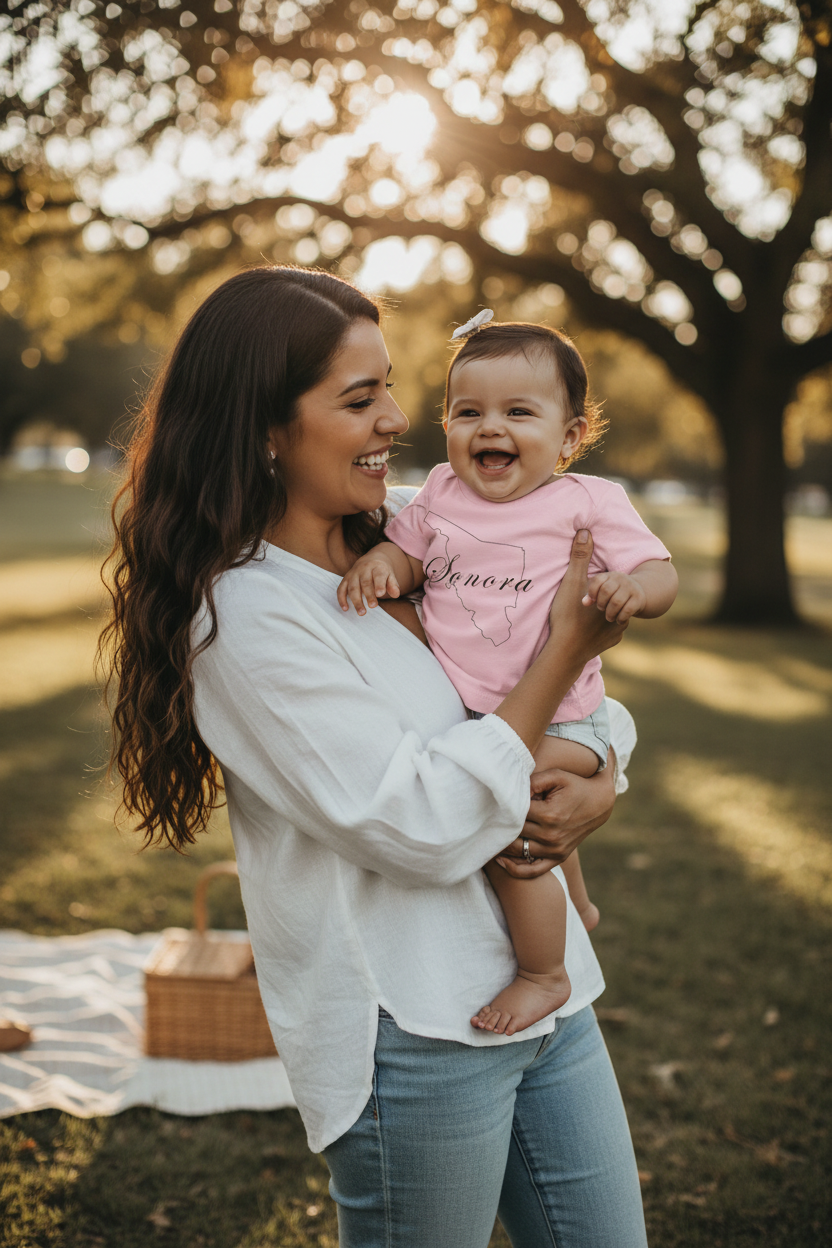 A short-sleeved pink T-shirt for babies with 'Sonora' written in a stylized font resembling a map outline.