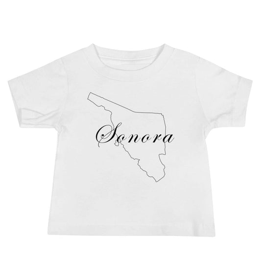 Baby white short-sleeve T-shirt with Sonora script and Texas outline print