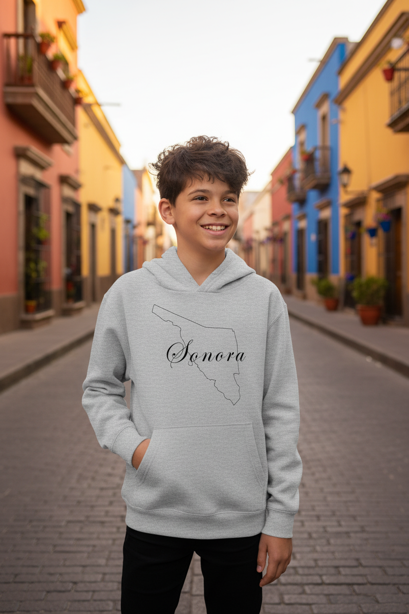 A smiling young boy stands on a cobblestone street wearing a light gray hoodie with a black outline of the state of Mexico and the word 'Sonora' printed across the chest. Colorful colonial-style buildings line both sides of the street in the background.