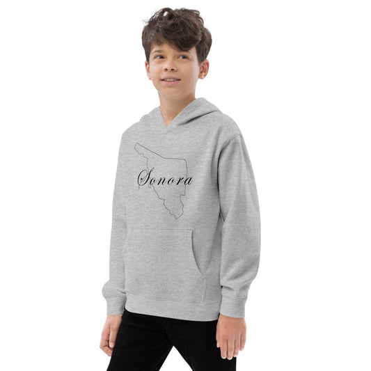 Kids fleece hoodie in athletic heather gray, hood and front pocket, state graphic, side view