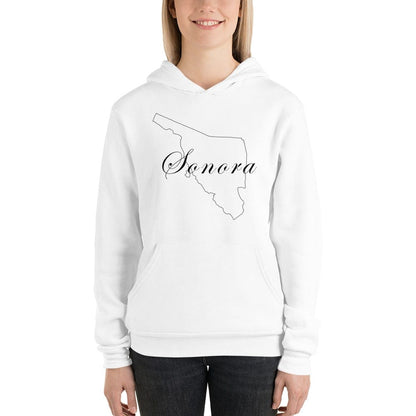 A woman wearing a white hoodie with the text 'Sonora' printed on the front.