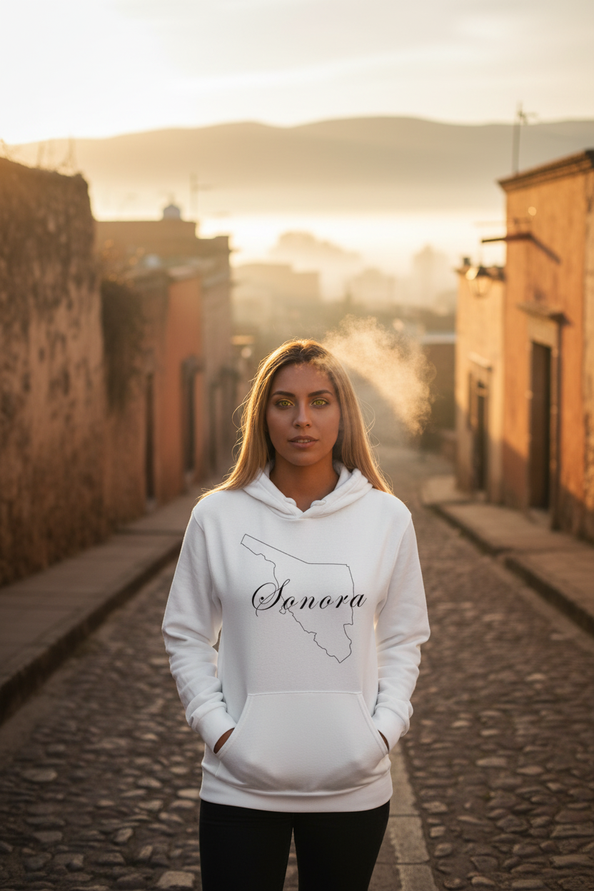 A woman wearing a white hoodie with the text 'Sonora' printed on the front.