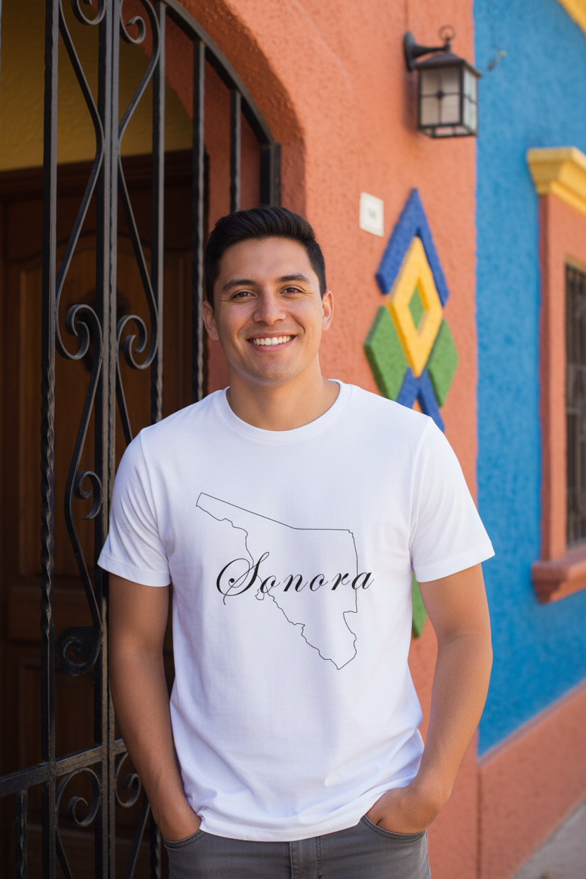 A person wearing a white short-sleeved T-shirt with the text 'Sonora' printed on the front.
