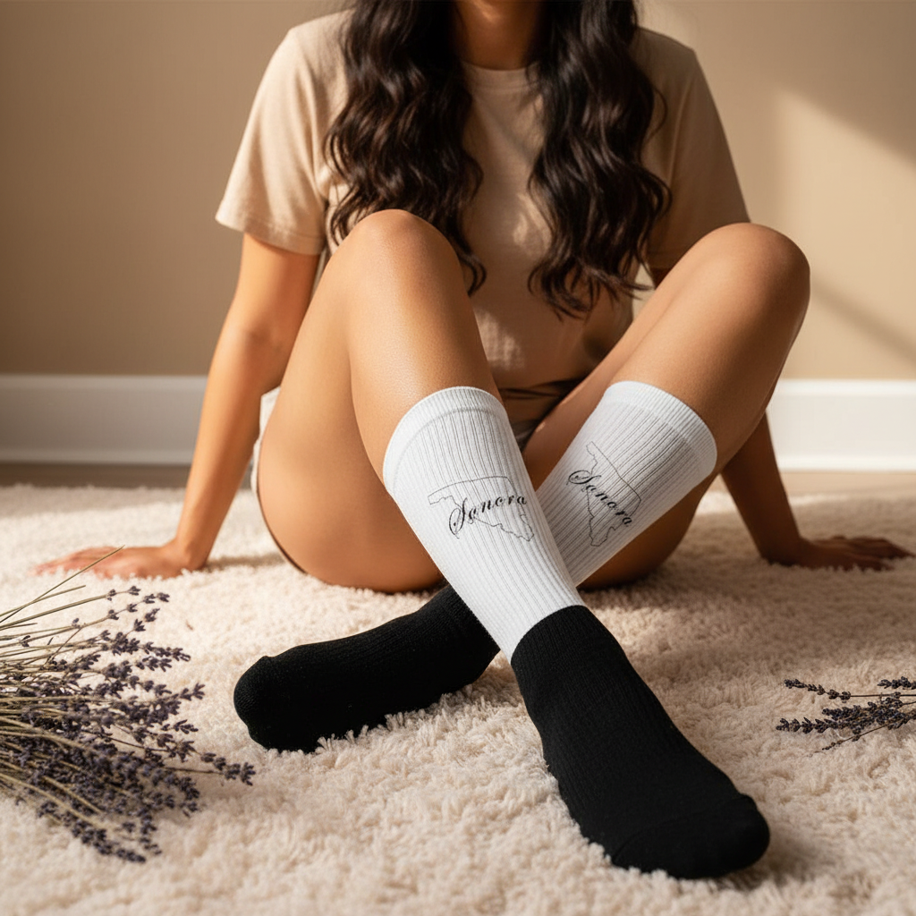 A woman sitting on a cream shag rug wearing a pair of crew socks, one white with black script and the other black. She is wearing a beige t-shirt and shorts, with dried lavender sprigs on the rug around her.