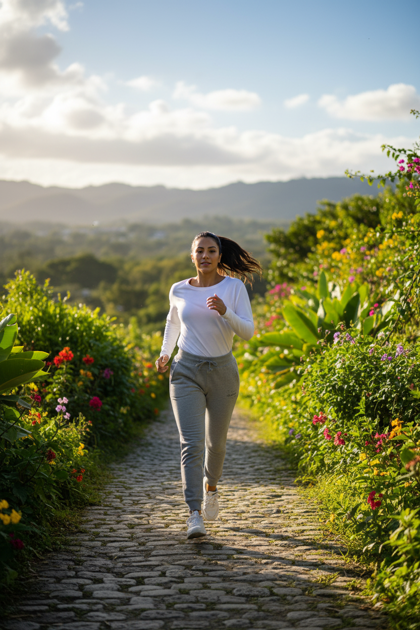 A woman jogging on a cobblestone path surrounded by lush green garden plants and colorful flowers under a bright sky with distant mountains.