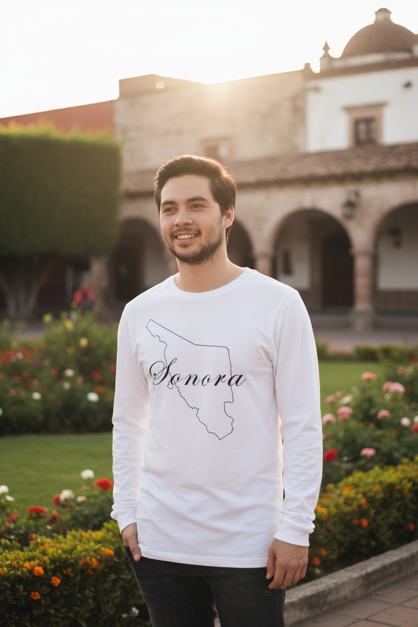 A smiling man wearing a white long-sleeve t-shirt with a black outline map of Sonora and the word 'Sonora' written in script, standing outdoors in front of a historic building with arches and flowers.