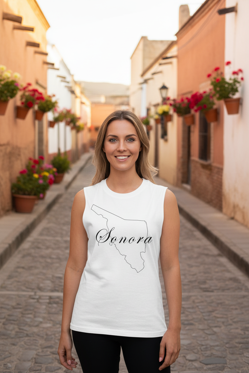 A woman stands on a cobblestone street wearing a white sleeveless tank top with a black outline of the state of Sonora and the word 'Sonora' printed across the front. The background shows a narrow street lined with warm-toned buildings and hanging flower baskets.